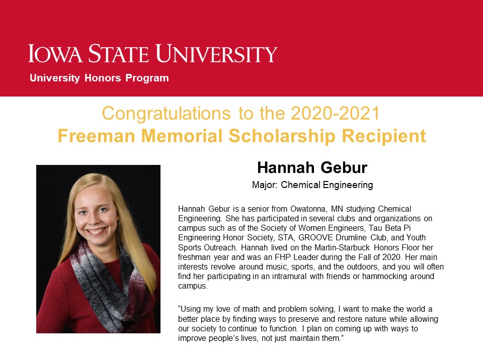 2019 Freeman Memorial Scholarship Winner
